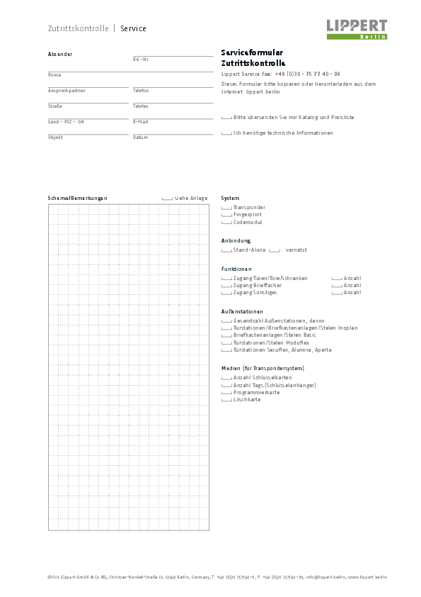 Zutrittskontrolle Serviceformular