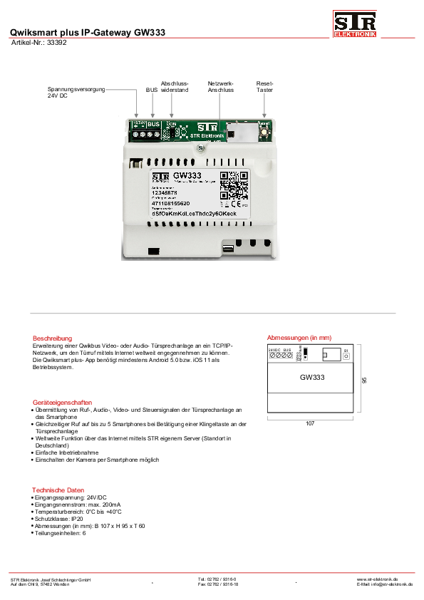 IP- Gateway Qwiksmart plus GW333 Datenblatt